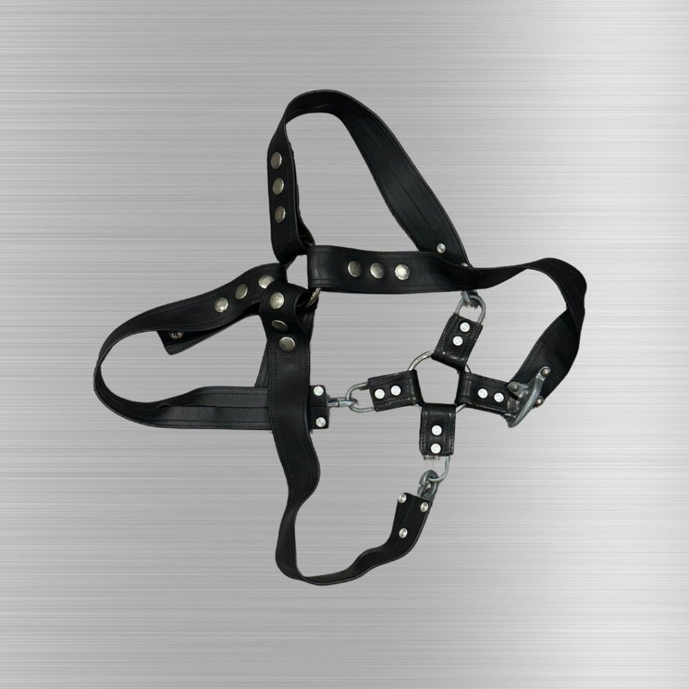Black Leather Statement Harness – Unique Closure Design. Roughly size large-xlar